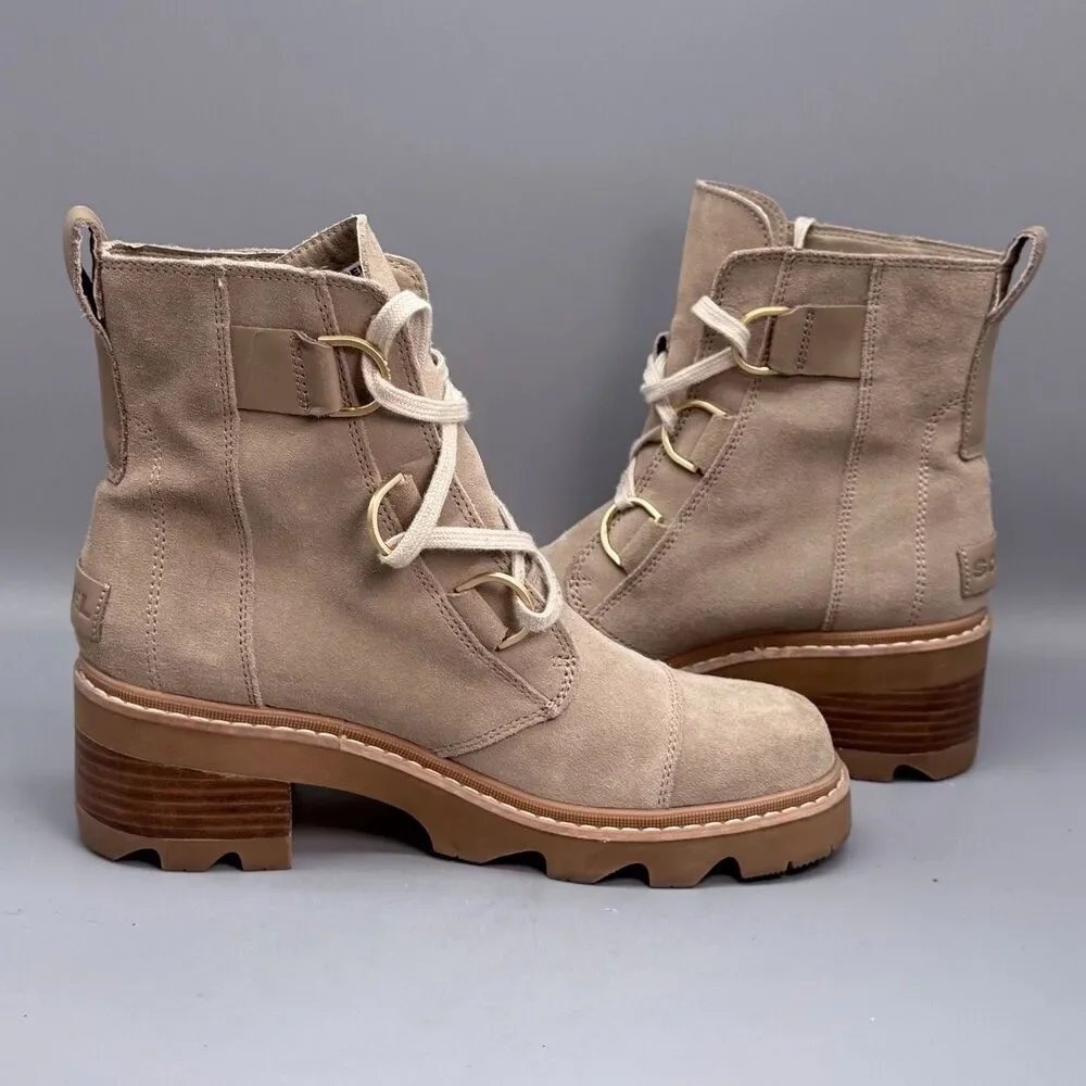 Sorel Joan Now Women's 9.5 Tan Leather Waterproof Block Heel Lace-Up Boots